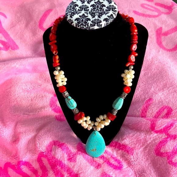 Red Coral, Turquoise and Pearl Jewelry Set - Picture 1 of 4